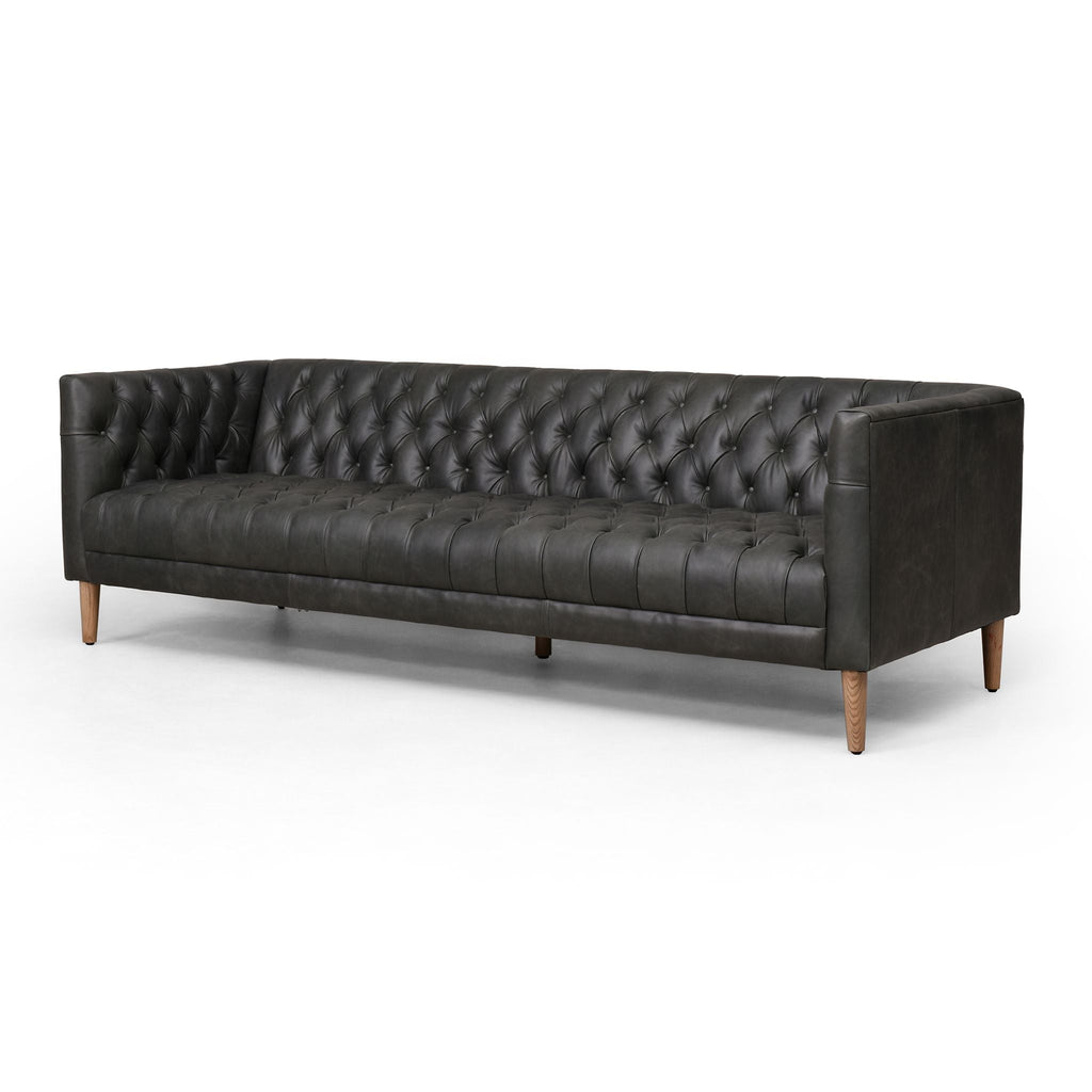 Black Carnegie Leather Sofa 90", Natural Washed Ebony - Sage InteriorsFH